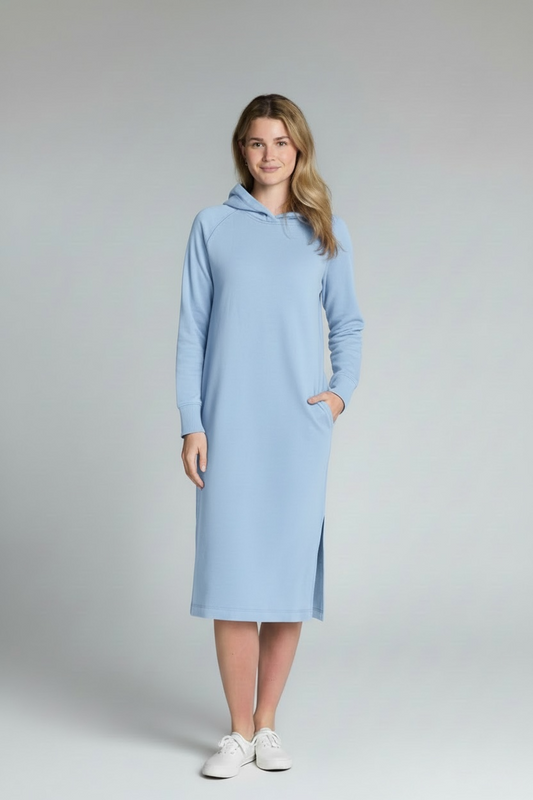 Long Sleeve Hooded Midi Dress - Ice Blue