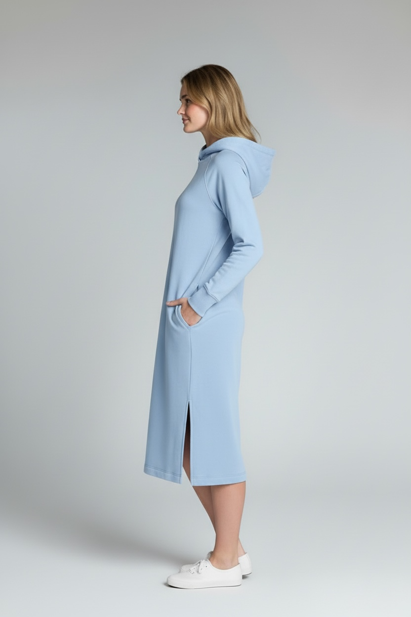 Long Sleeve Hooded Midi Dress - Ice Blue