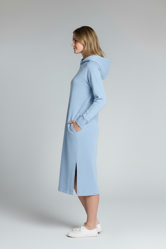 Long Sleeve Hooded Midi Dress - Ice Blue