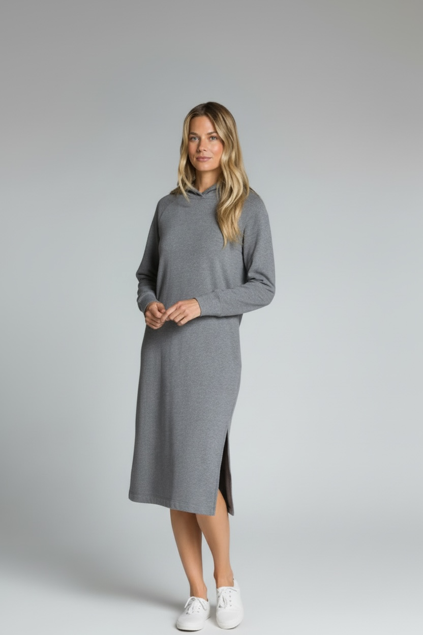 Long Sleeve Hooded Midi Dress - Grey