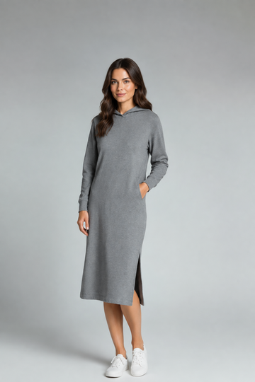 Long Sleeve Hooded Midi Dress - Grey