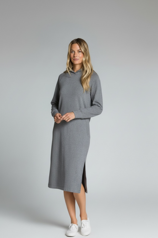 Long Sleeve Hooded Midi Dress - Grey