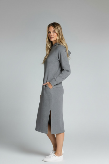 Long Sleeve Hooded Midi Dress - Grey