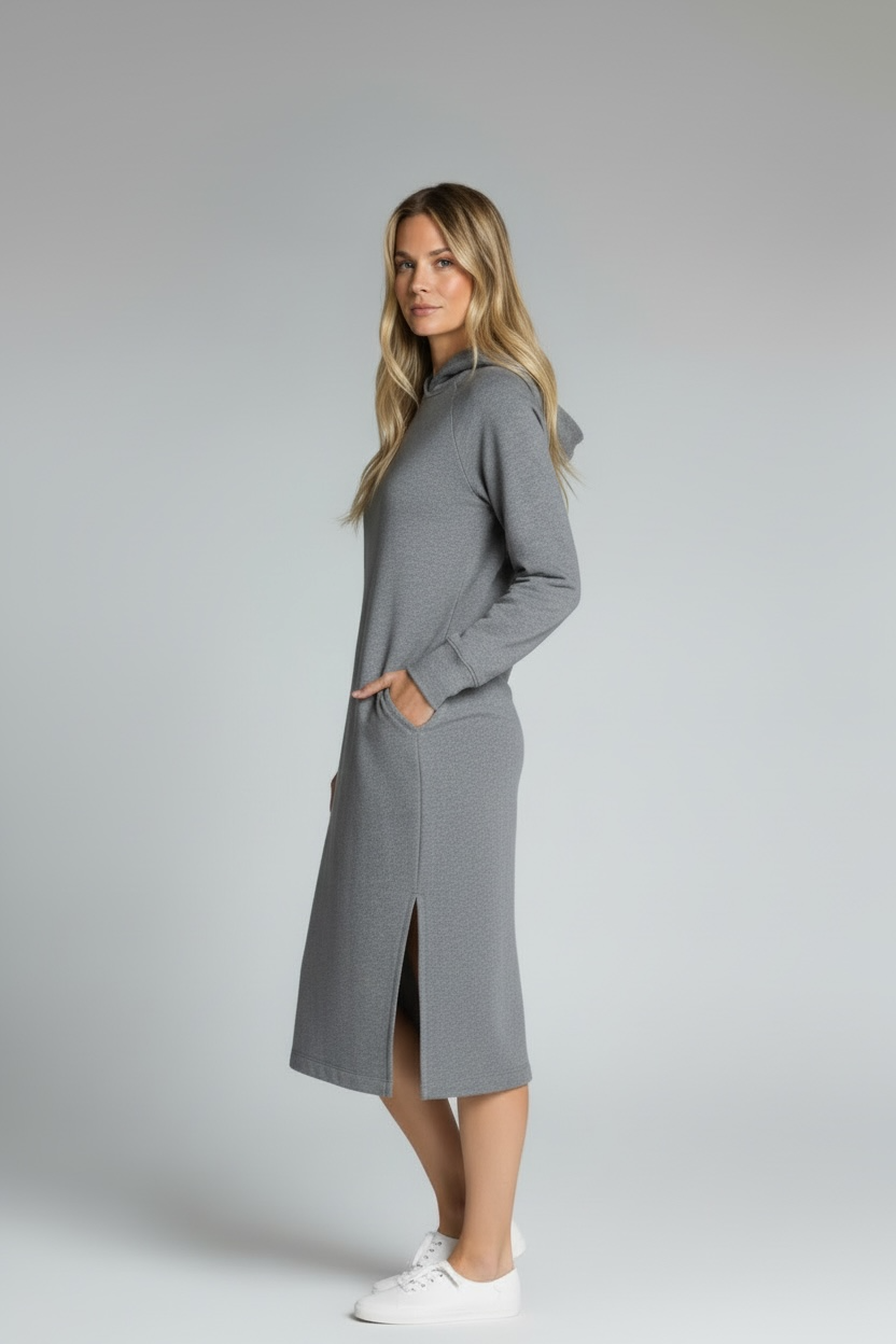 Long Sleeve Hooded Midi Dress - Grey