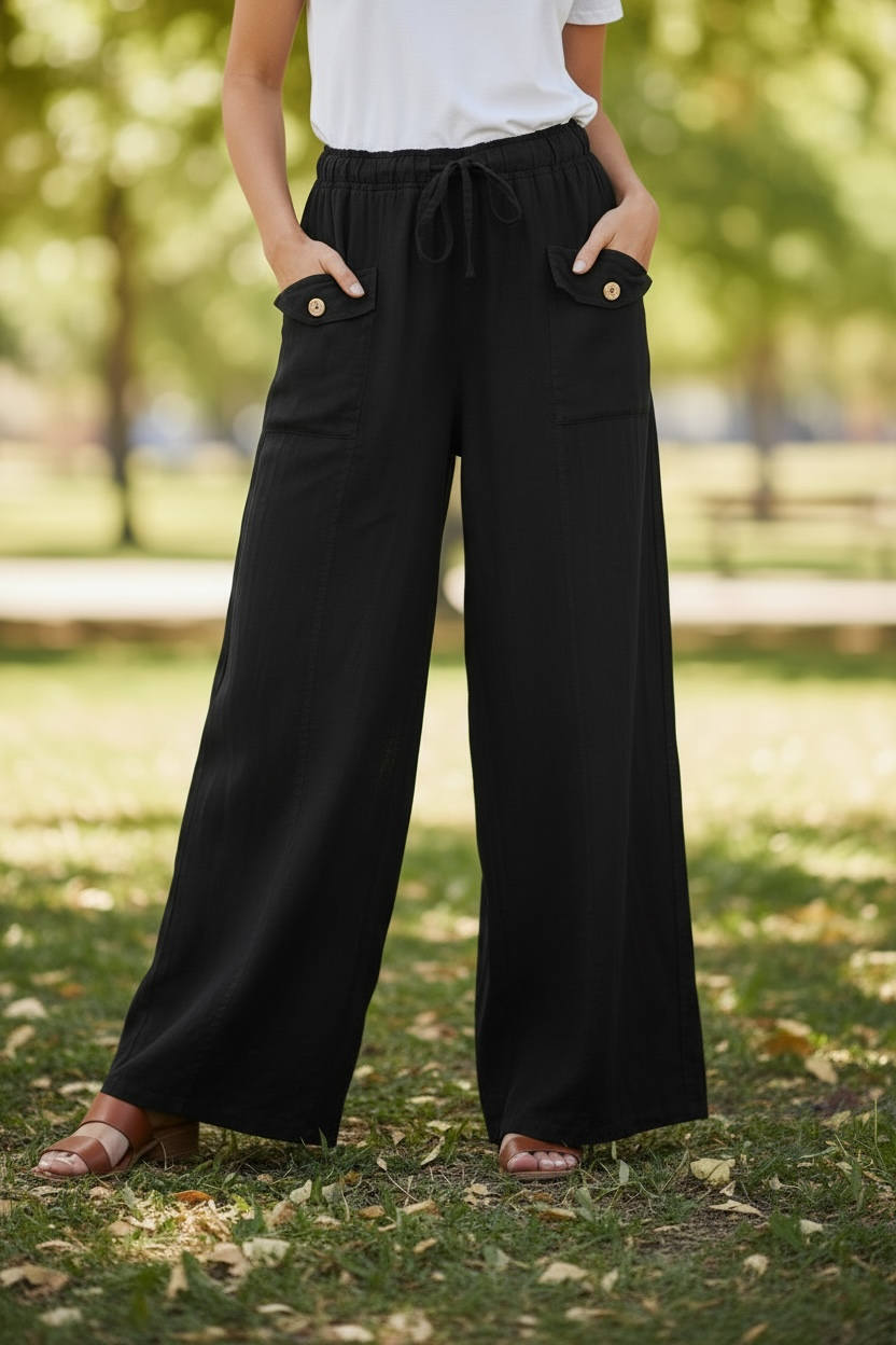 Amorosa - 2 Front Pocket Linen Pant -  Black
