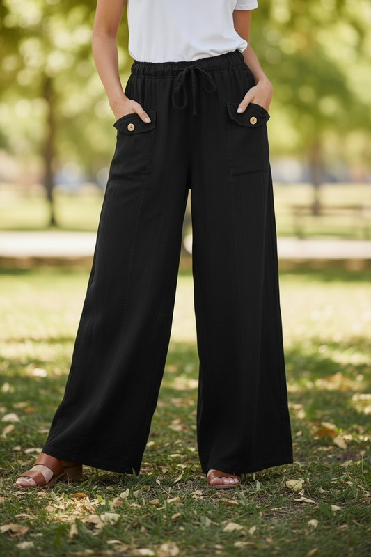 Amorosa - 2 Front Pocket Linen Pant - Black