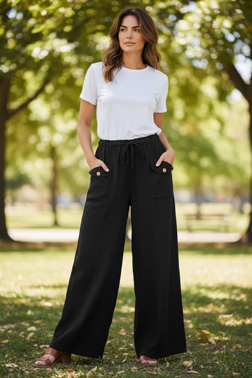 Amorosa - 2 Front Pocket Linen Pant -  Black