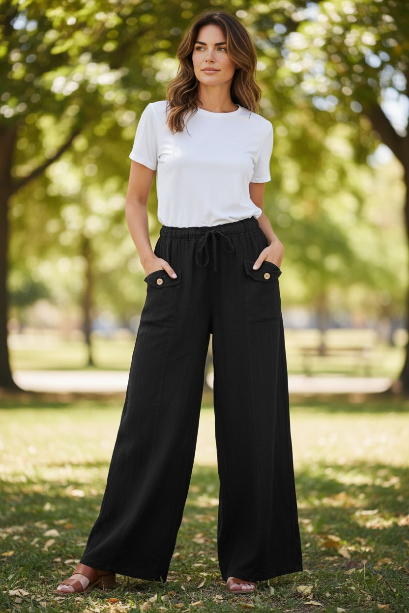 Amorosa - 2 Front Pocket Linen Pant -  Black