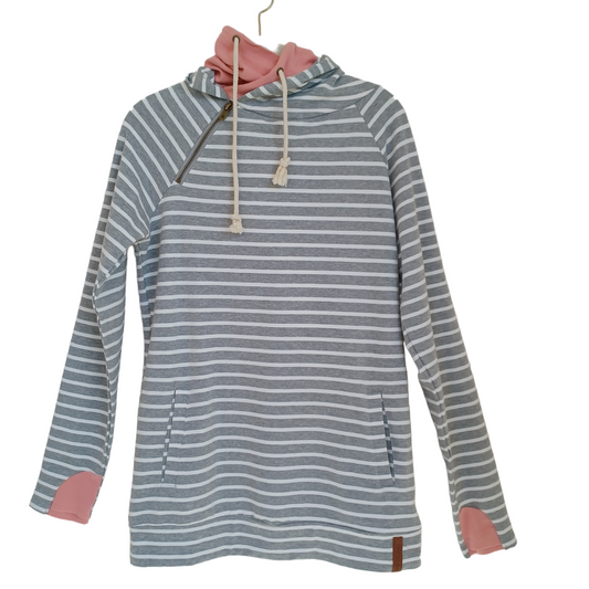 Preloved - Ampersand Ave Hoodie Womens Medium Pullover Striped Double Hood Pink Gray White