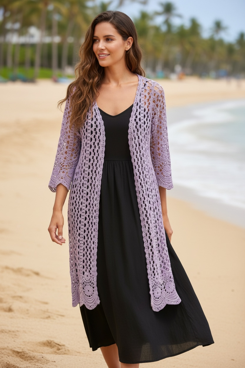 The Boho Crochet Kimono - Lilac Purple