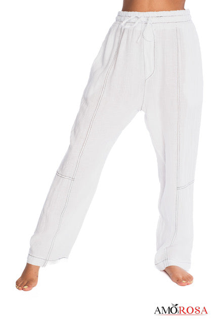 Amorosa Contrast Stitch Linen Pants - White