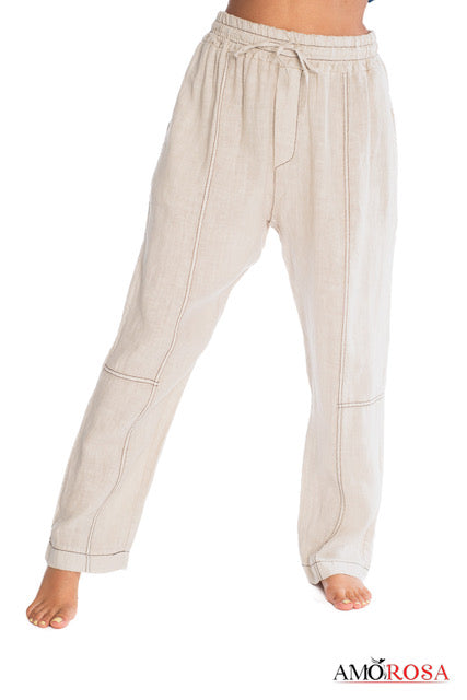 Amorosa Contrast Stitch Linen Pants - Cream