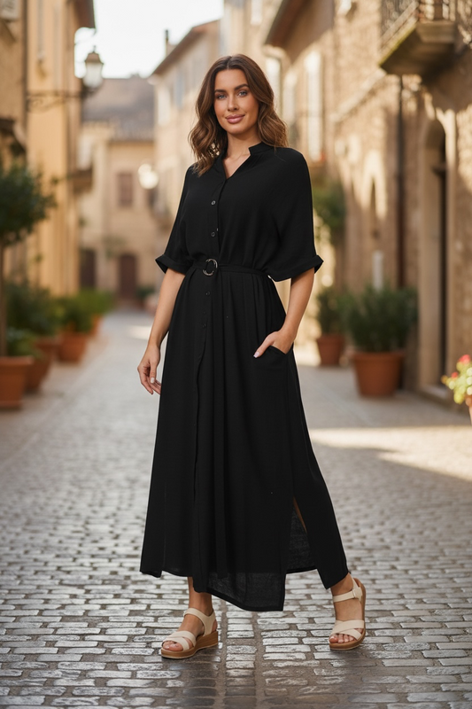 Button-Front Maxi Shirt Dress - Black