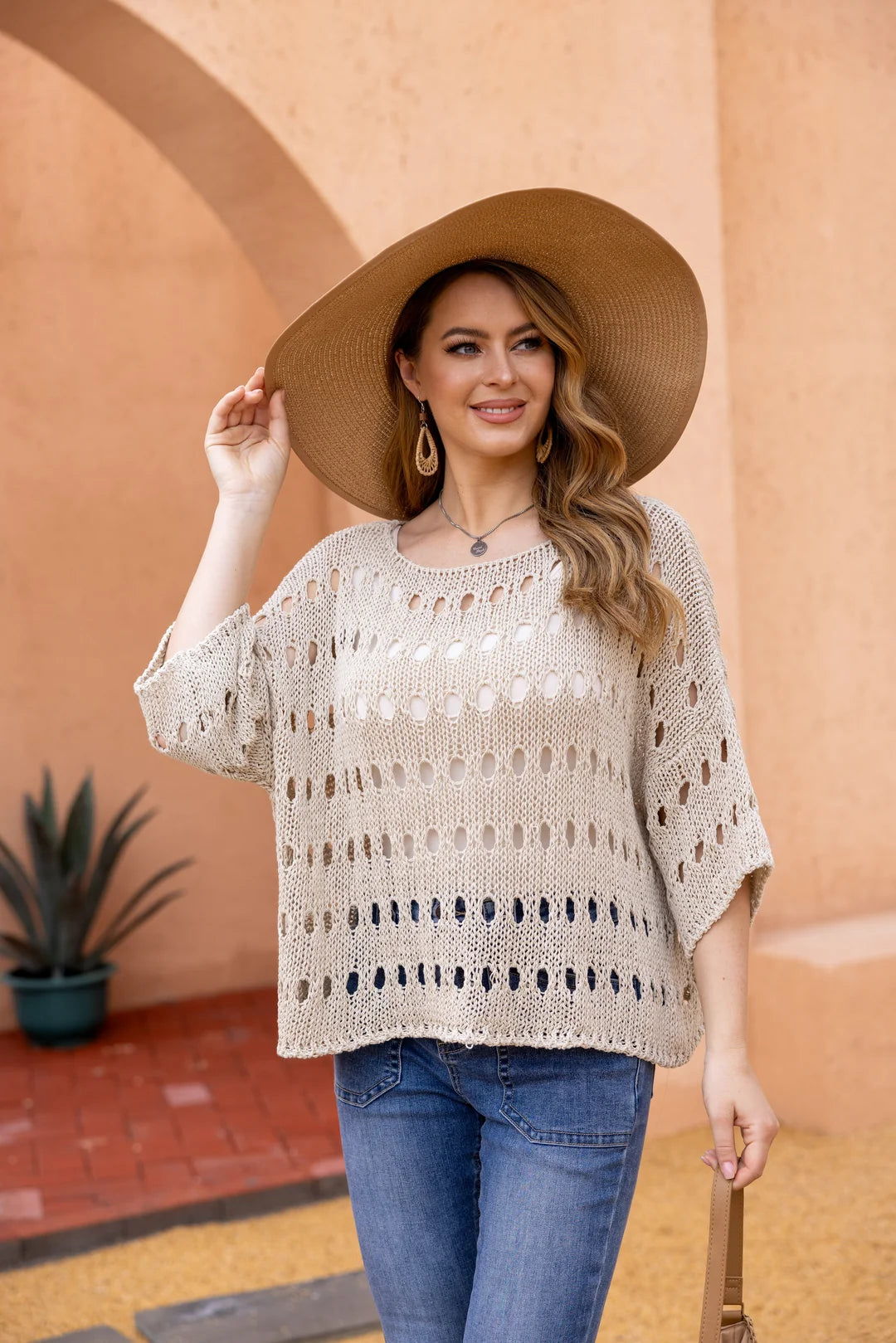 OFV - Tatula Oval Crochet Top - Beige