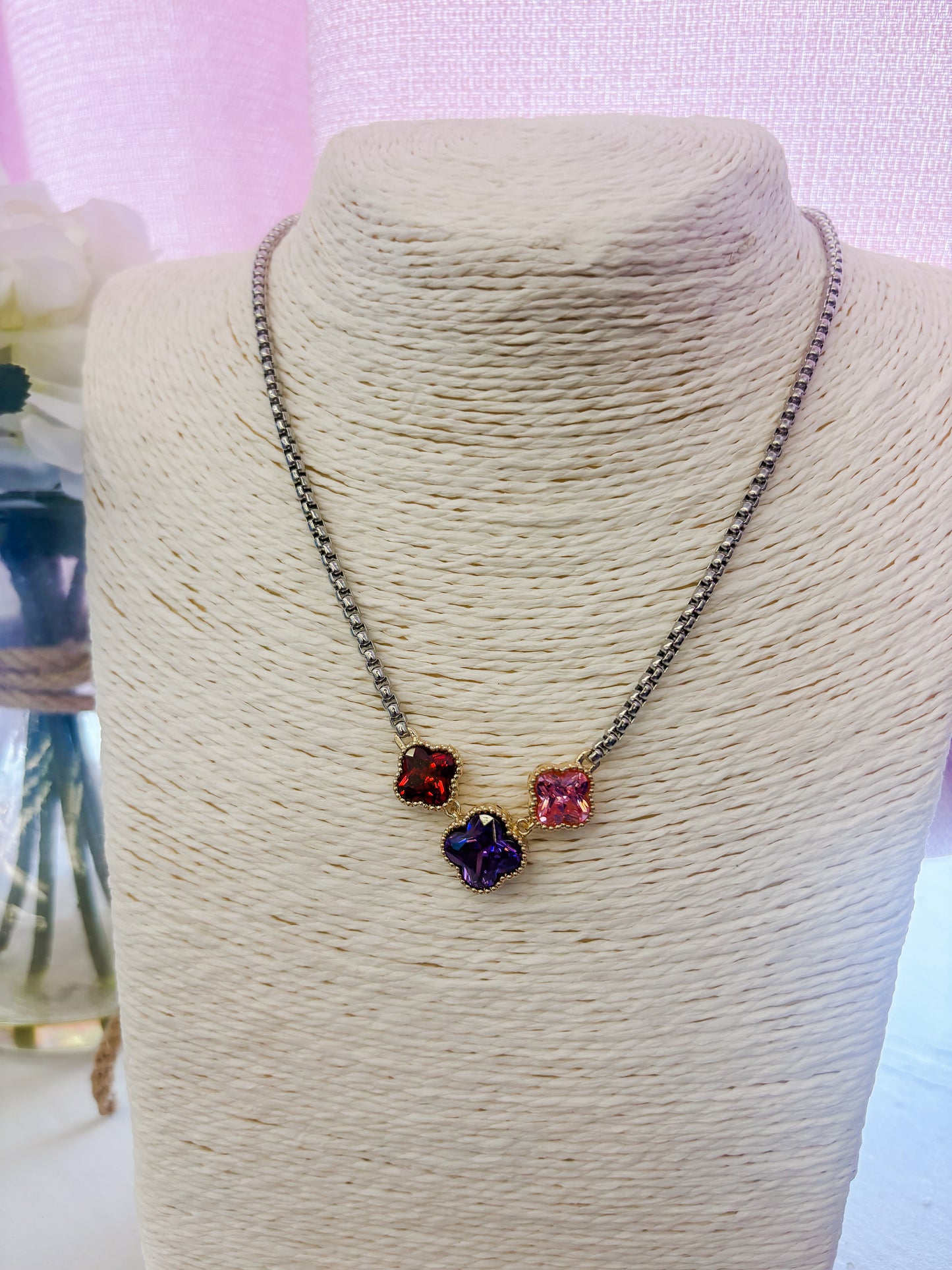 Trio Swarovski Gems Silver Necklace