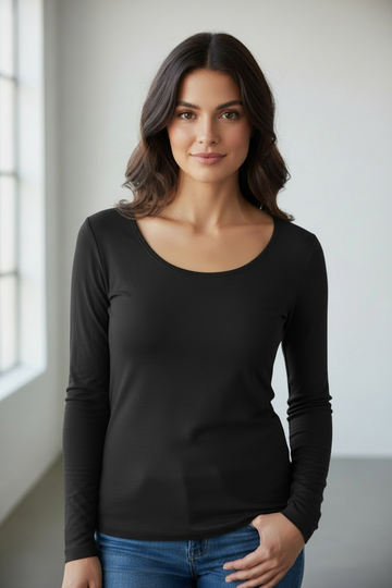 OFV - Bamboo Scoop Neck Long Sleeve Top - Black