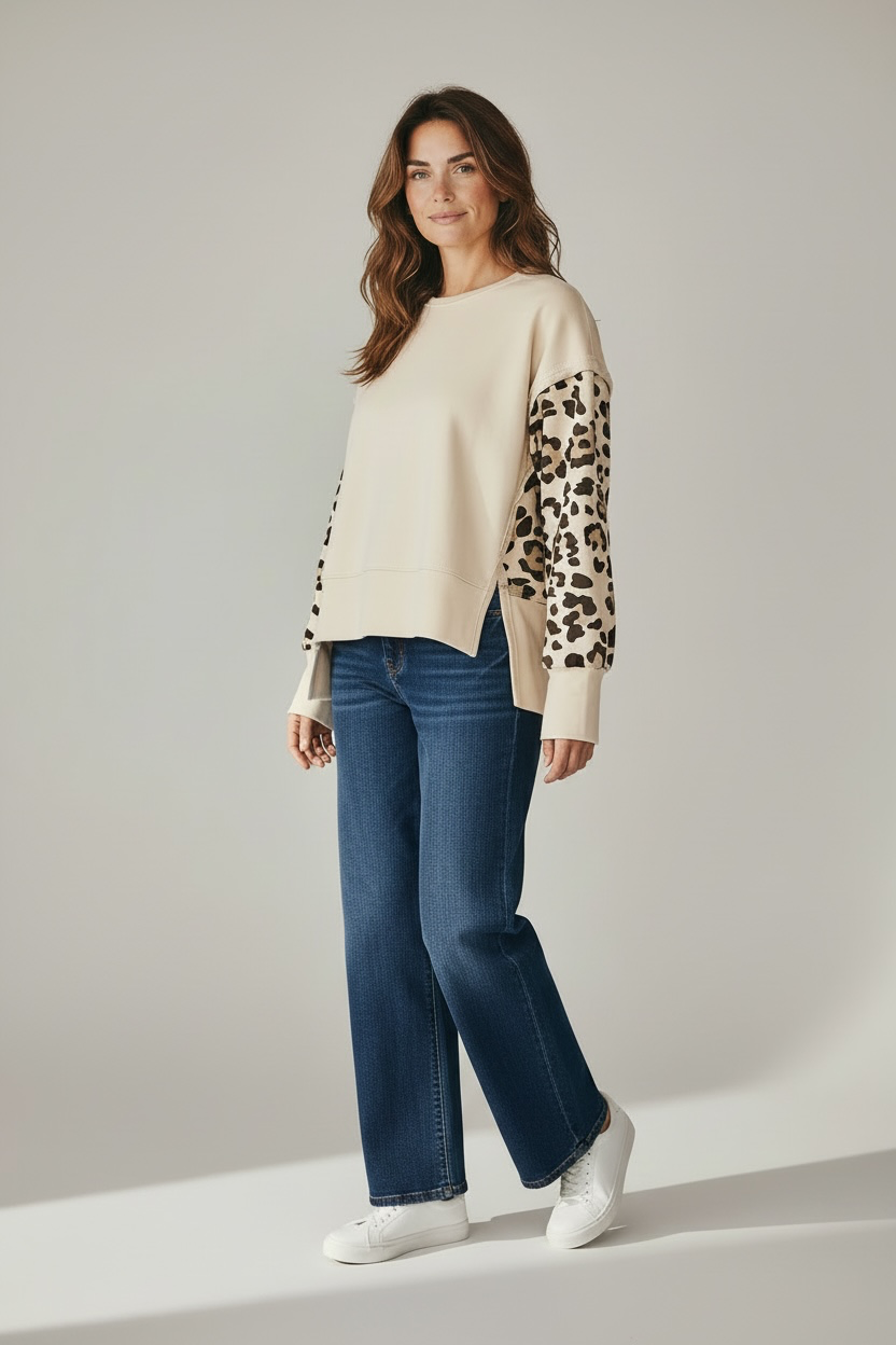 Amorosa - Cheetah Sleeved Sweater - Cream