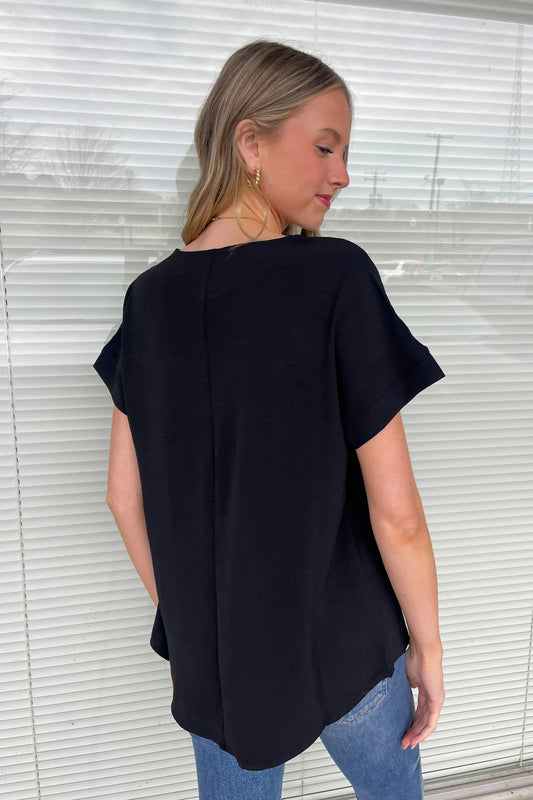 Woven Airflow V-Neck Hi-Low Hem Top -  Black