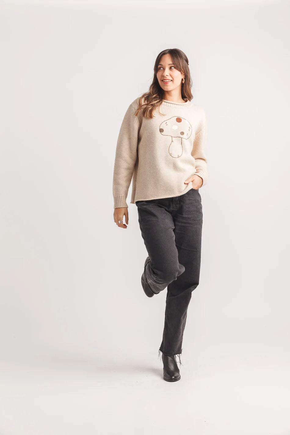 Papillon - Embroidered Mushroom Sweater With Rolled Hem