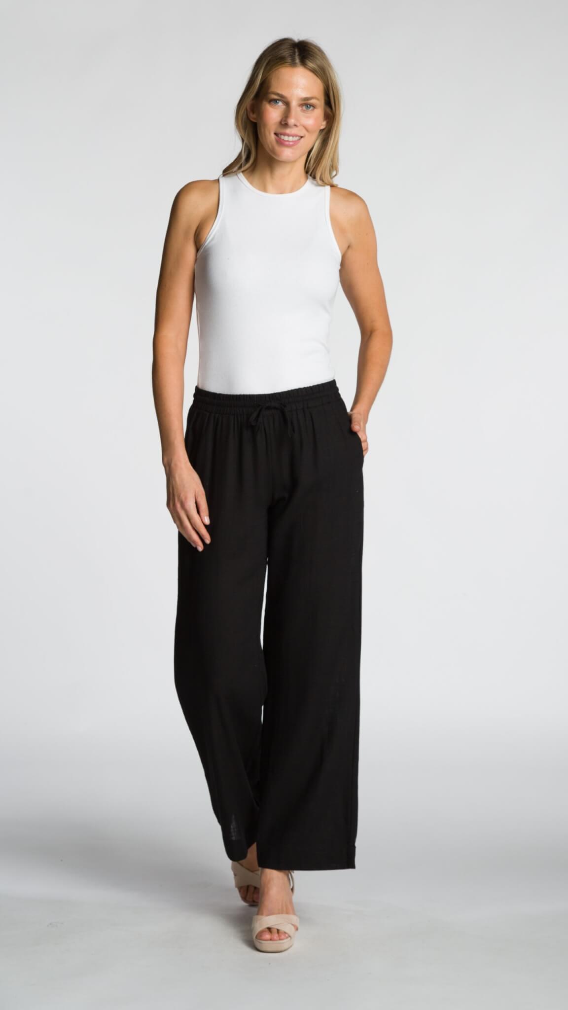 Linen-Blend Wide Leg Pants - Black