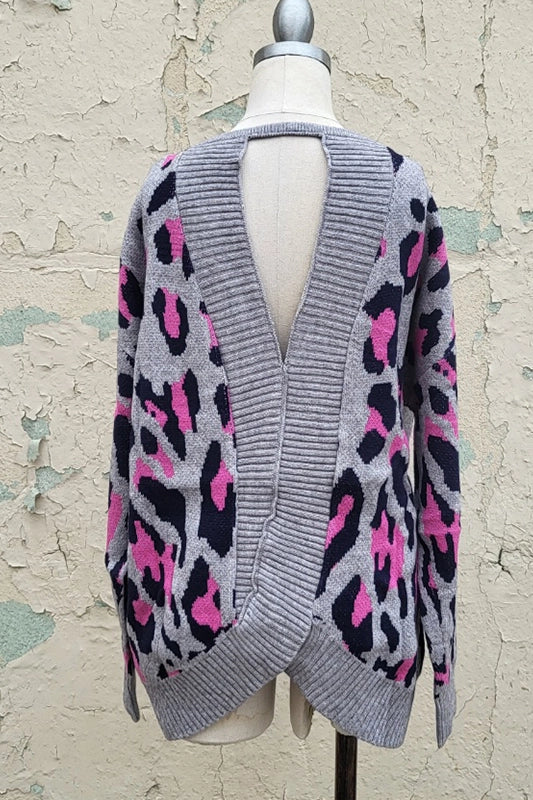 Leopard Knit Sweater Open Back