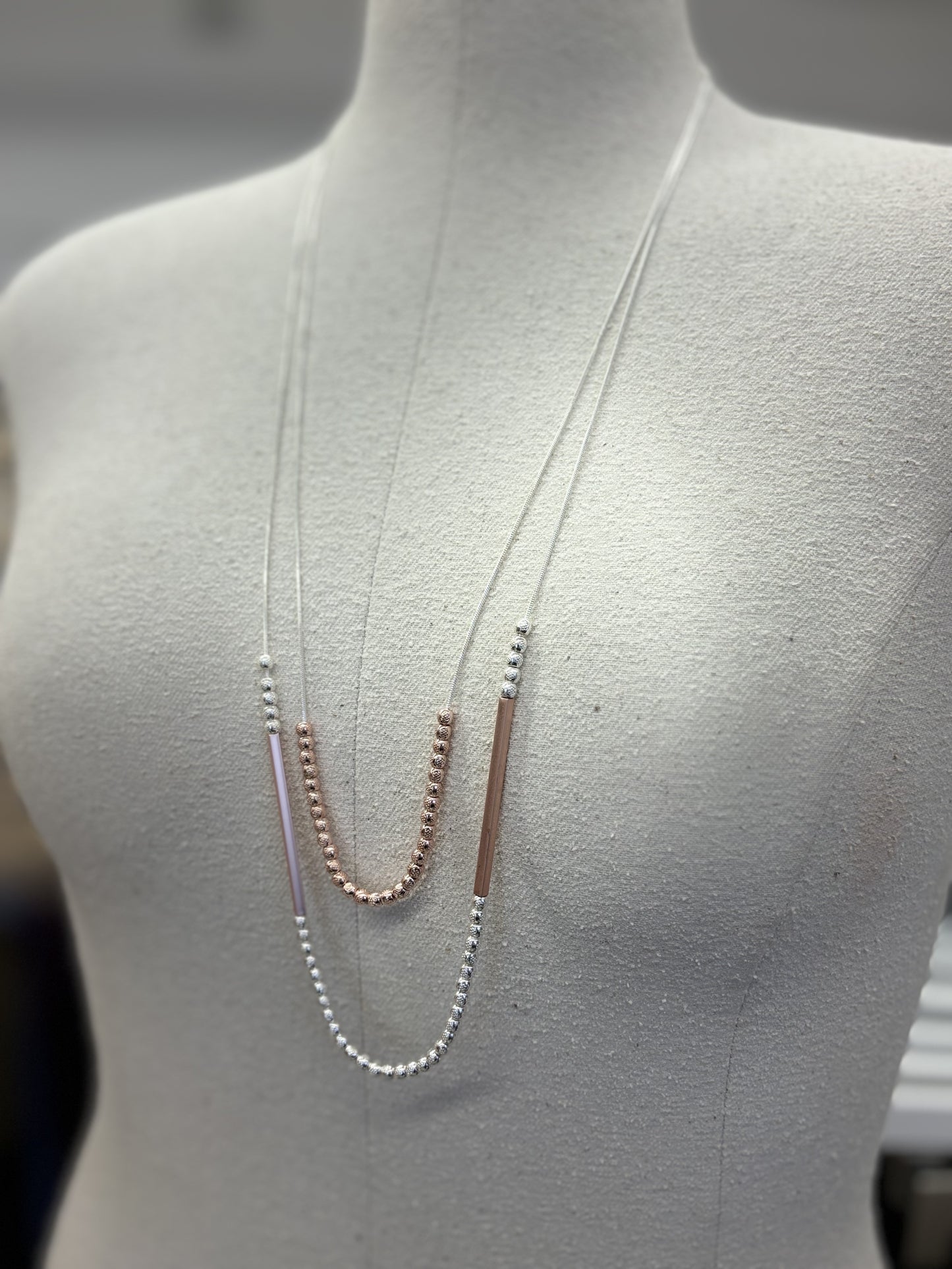 LONG NECKLACE | DOUBLE LAYERED. ROSE GOLD & SILVER
