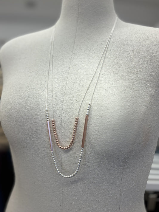 LONG NECKLACE | DOUBLE LAYERED. ROSE GOLD & SILVER