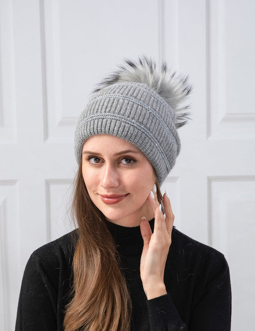 Slouch Beanie Hat with Pompom - Grey