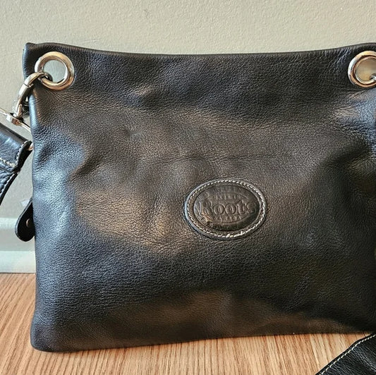 Vintage Roots Village Tribe Black Pebbled Leather Pocket Messenger Crossbody Bag Purse.
