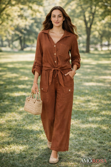 Amorosa - Tie Knot Linen Top - Redwood