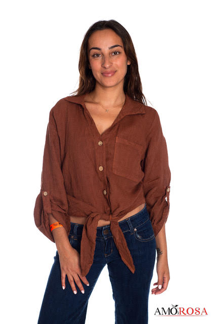 Amorosa - Tie Knot Linen Top - Redwood