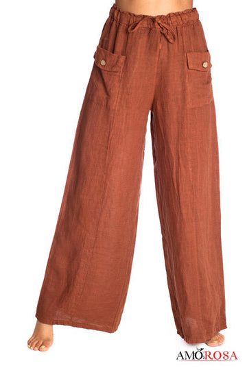 Amorosa - 2 Front Pocket Linen Pant -  Redwood